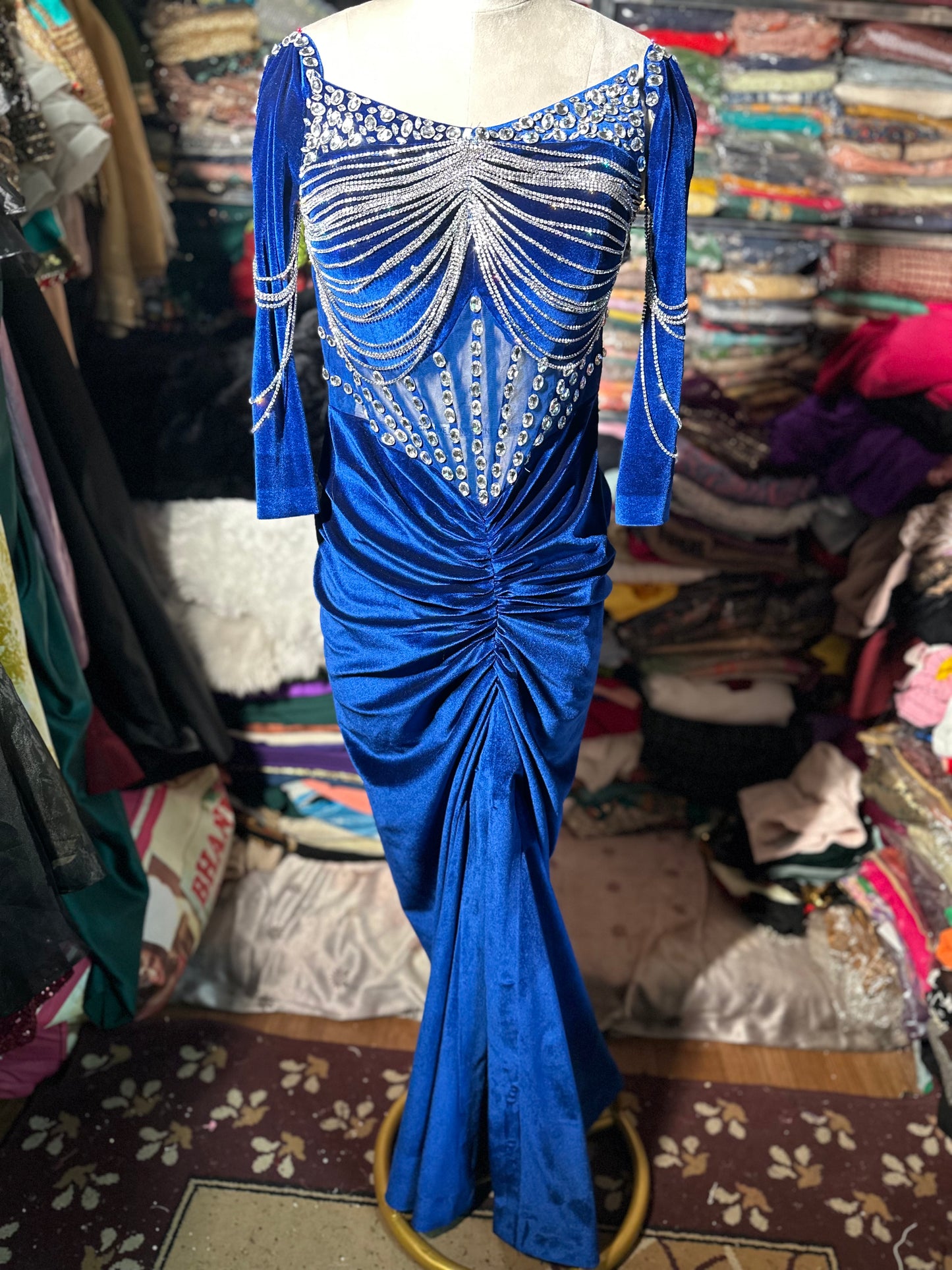 Blue Velvet Corset Drape Gown with Original Stone Work – Sizes S–10XL