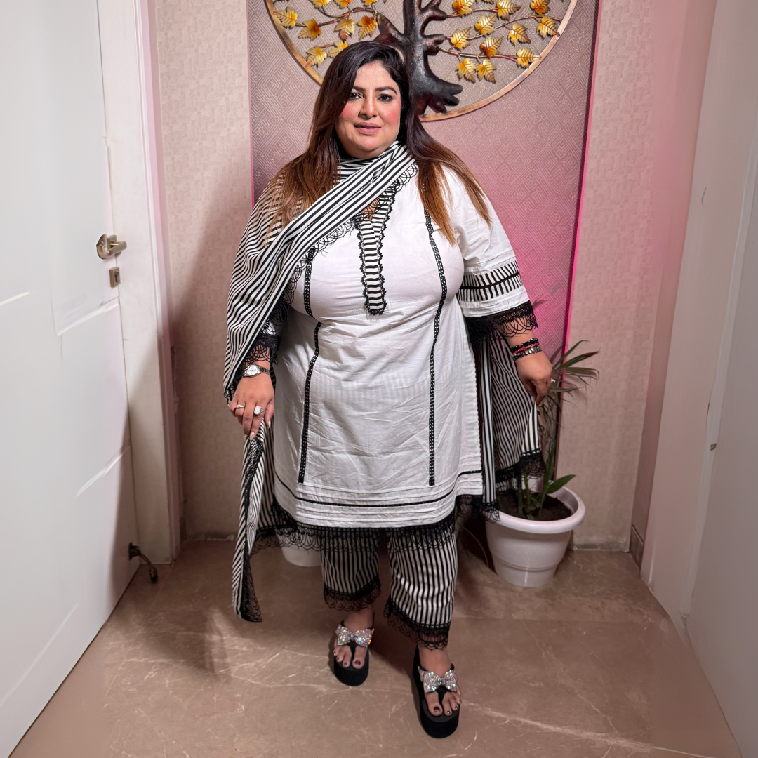 White Cotton Suit with Black Striped Georgette Dupatta – Summer Perfect (S to 10XL)
