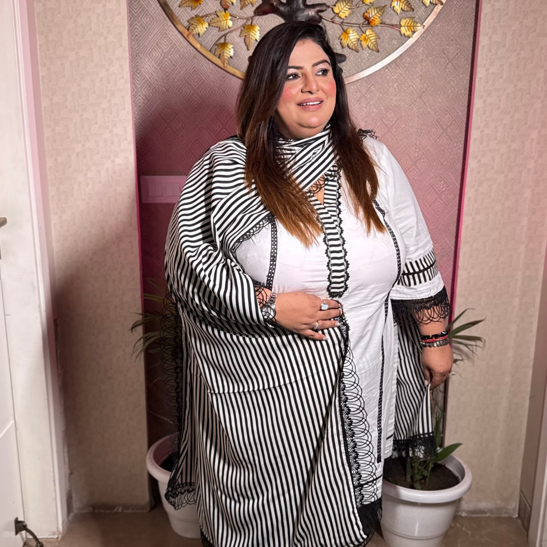 White Cotton Suit with Black Striped Georgette Dupatta – Summer Perfect (S to 10XL)