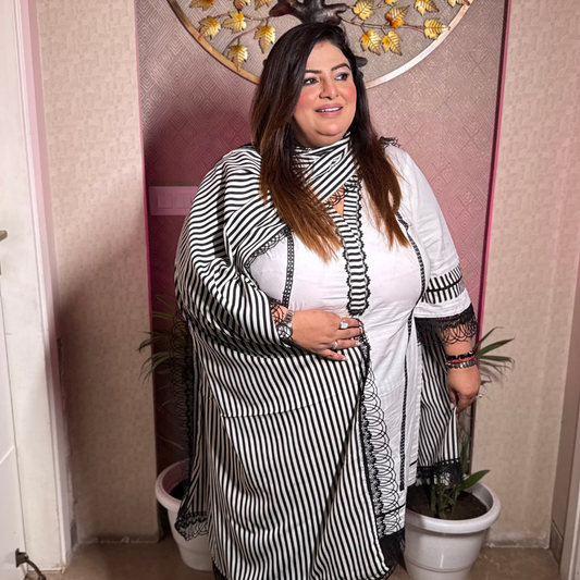 White Cotton Suit with Black Striped Georgette Dupatta – Summer Perfect (S to 10XL)