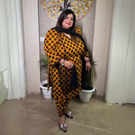 Mustard Polka Dot Georgette Suit with Lace Detailing