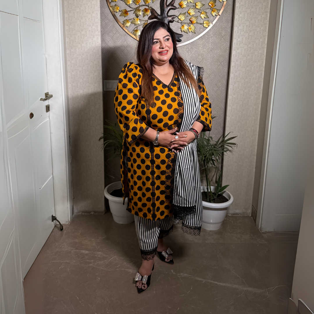 Mustard Polka Dot Georgette Suit with Lace Detailing
