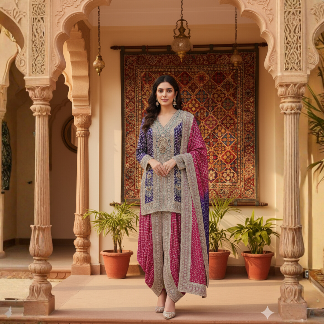 Handwork Dhoti Pant Suit with Heavy Laces | Embroidered Georgette | S–10XL