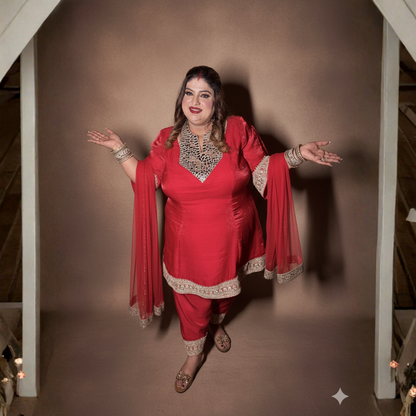 Red Shiny Georgette A-Line Suit with Handwork & Pakistani Salwar | S–10XL