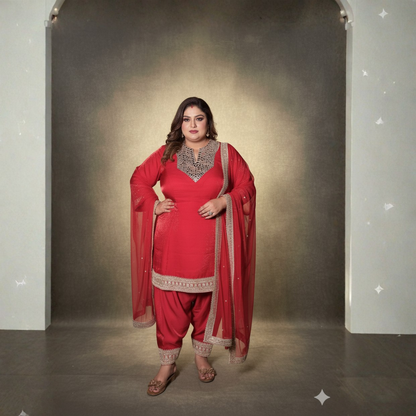 Red Shiny Georgette A-Line Suit with Handwork & Pakistani Salwar | S–10XL