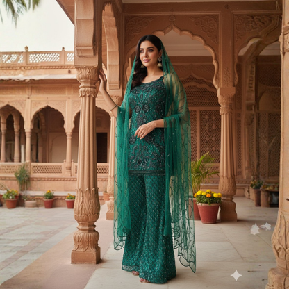 Bottle Green Handwork Pant Suit / Co-Ord Set with Bell Bottoms
