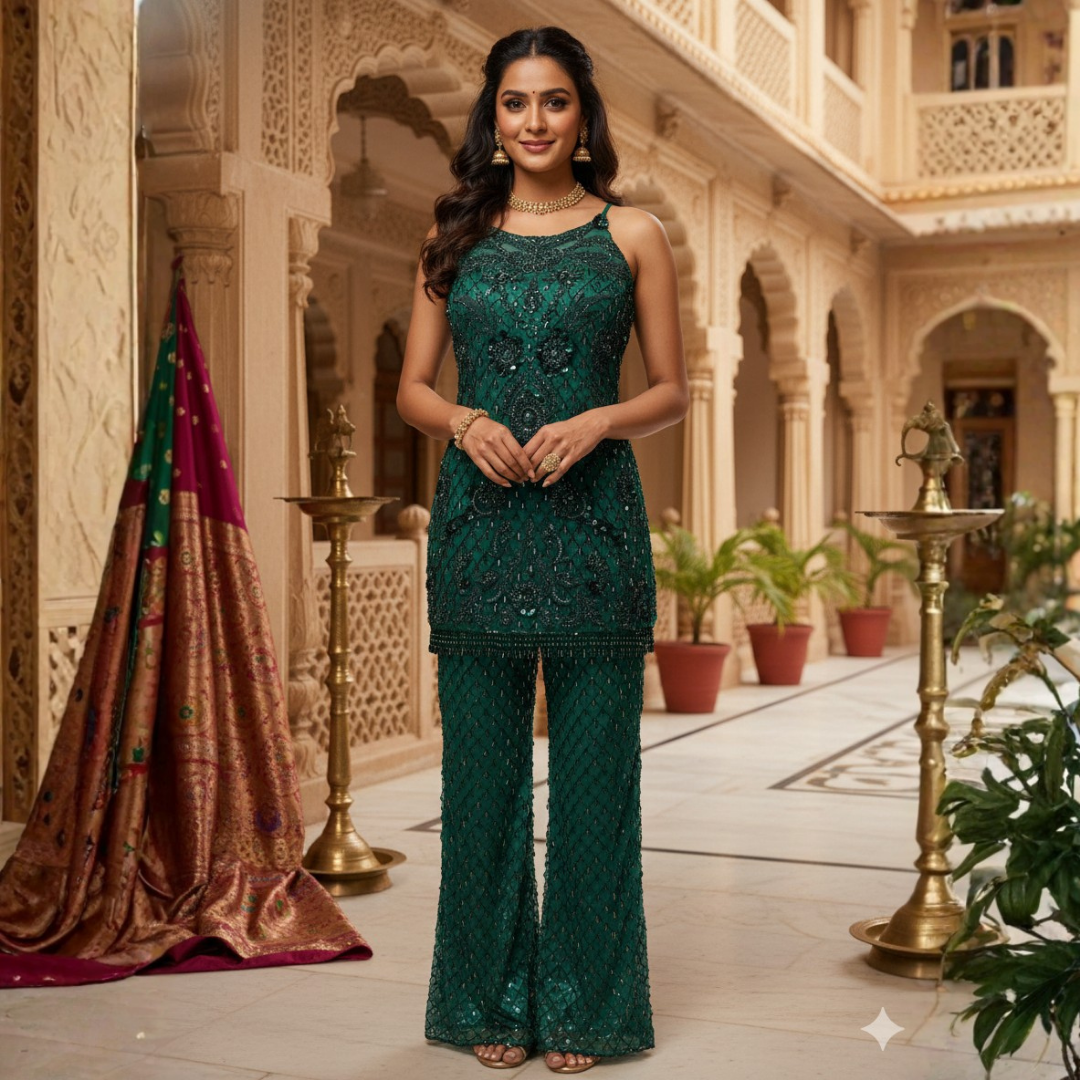 Bottle Green Handwork Pant Suit / Co-Ord Set with Bell Bottoms