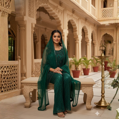 Bottle Green Handwork Pant Suit / Co-Ord Set with Bell Bottoms