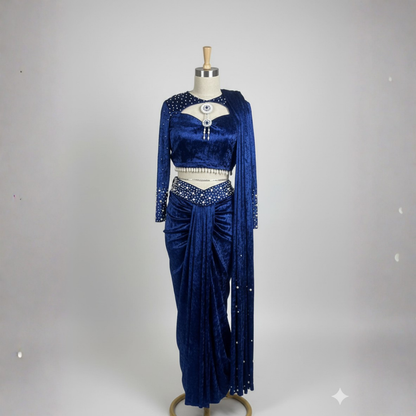 Velvet Drape Saree with Handwork & Dhoti Style