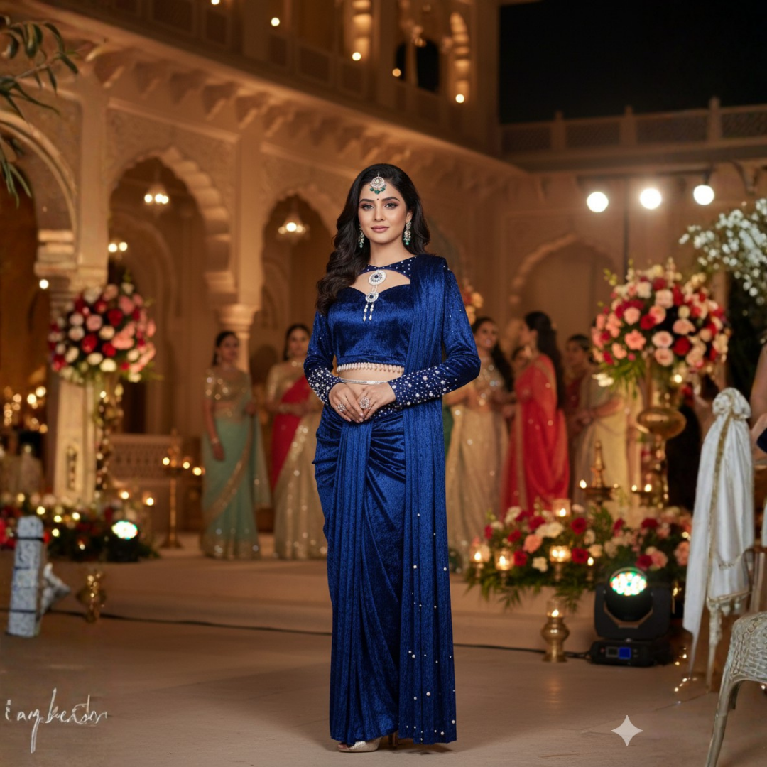 Velvet Drape Saree with Handwork & Dhoti Style