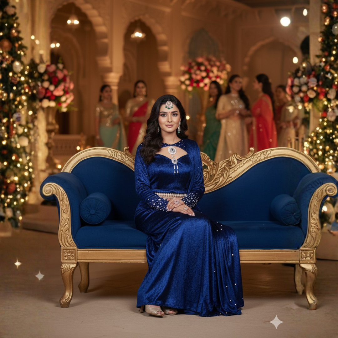 Velvet Drape Saree with Handwork & Dhoti Style