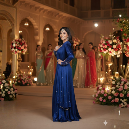 Velvet Drape Saree with Handwork & Dhoti Style