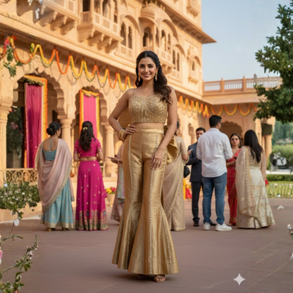 Shiny Georgette Sharara Set with Handwork Bow Jacket