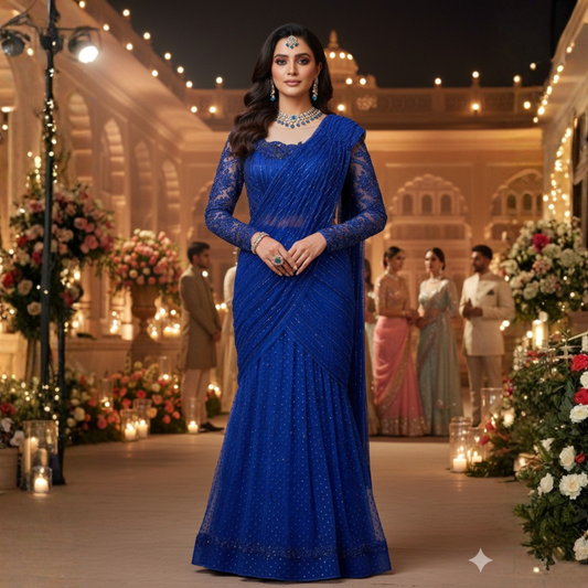 Royal Blue Handworked Net Drape Saree