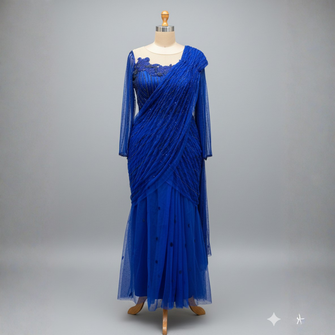 Royal Blue Handworked Net Drape Saree