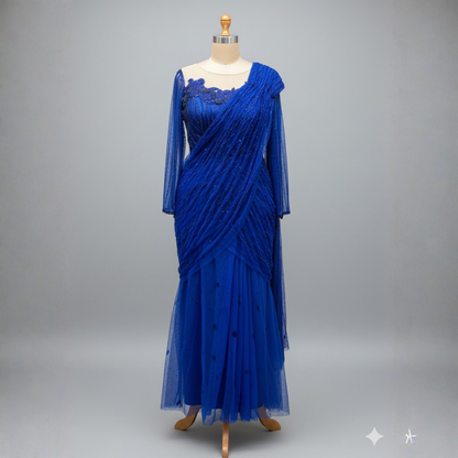 Royal Blue Handworked Net Drape Saree