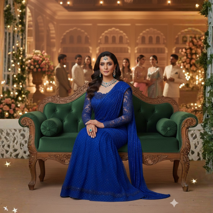 Royal Blue Handworked Net Drape Saree