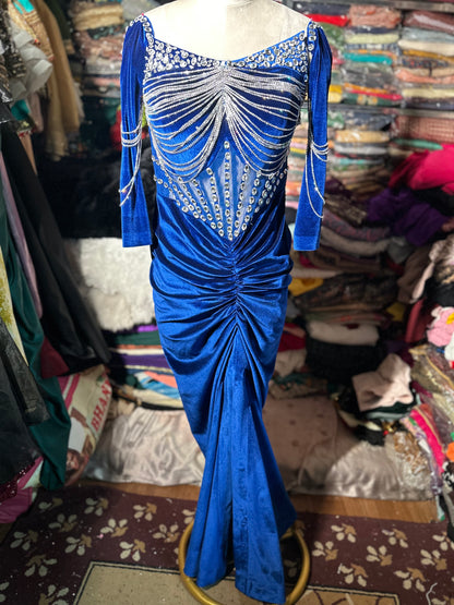 Blue Velvet Corset Drape Gown with Original Stone Work – Sizes S–10XL