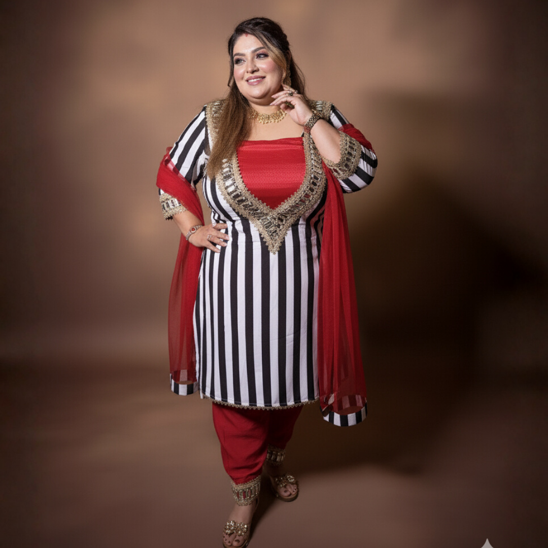 Black & Red Shiny Georgette Suit with Mirror Lace | 7-Day Making Time