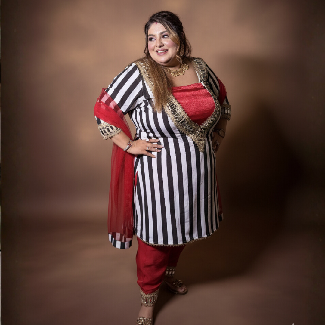 Black & Red Shiny Georgette Suit with Mirror Lace | 7-Day Making Time