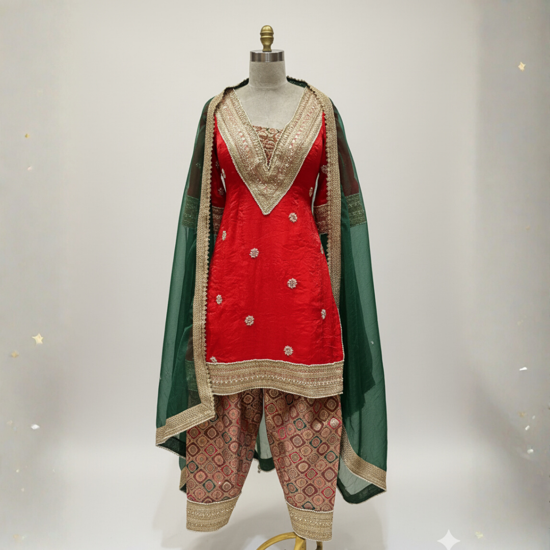 Imported Shiny Punjabi Suit with Brocade Salwar & Handwork | Custom Colors | S–10XL