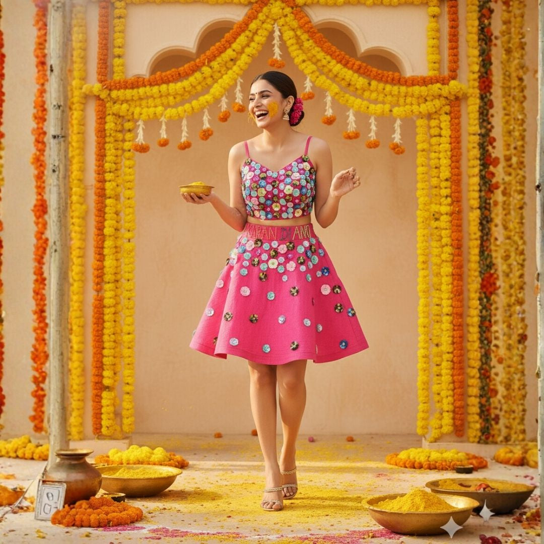 Handmade Pink 3D Flower Silk Dress – Best for Haldi | Sizes S–10XL