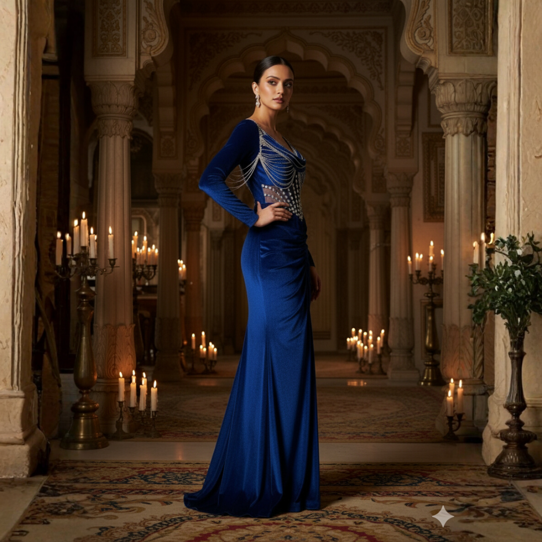 Blue Velvet Corset Drape Gown with Original Stone Work – Sizes S–10XL