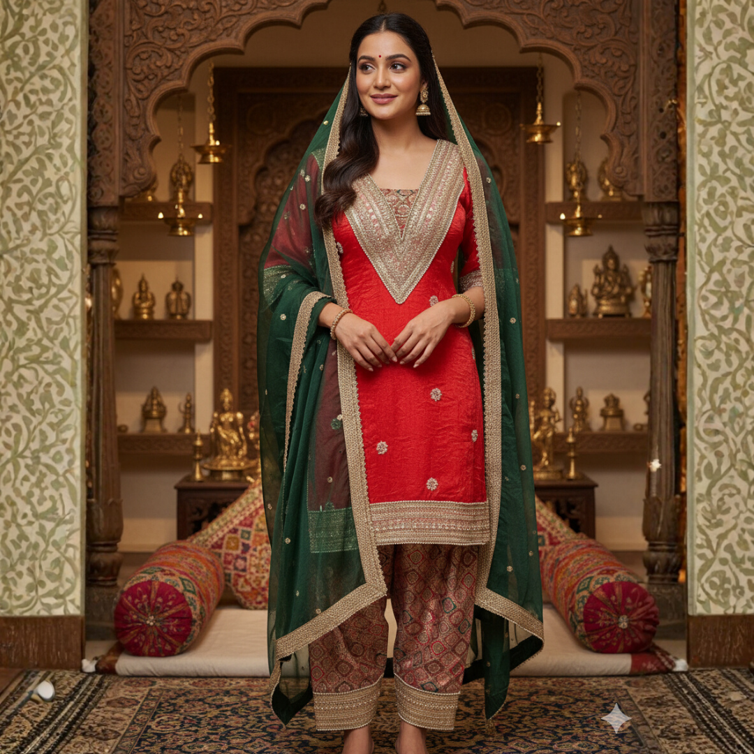 Imported Shiny Punjabi Suit with Brocade Salwar & Handwork | Custom Colors | S–10XL