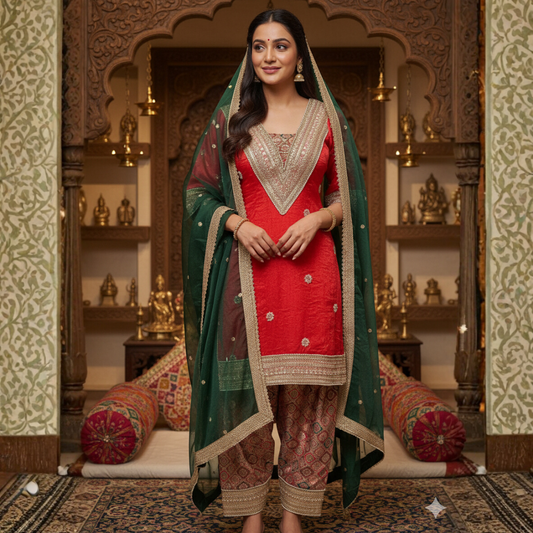 Imported Shiny Punjabi Suit with Brocade Salwar & Handwork | Custom Colors | S–10XL