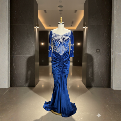Blue Velvet Corset Drape Gown with Original Stone Work – Sizes S–10XL