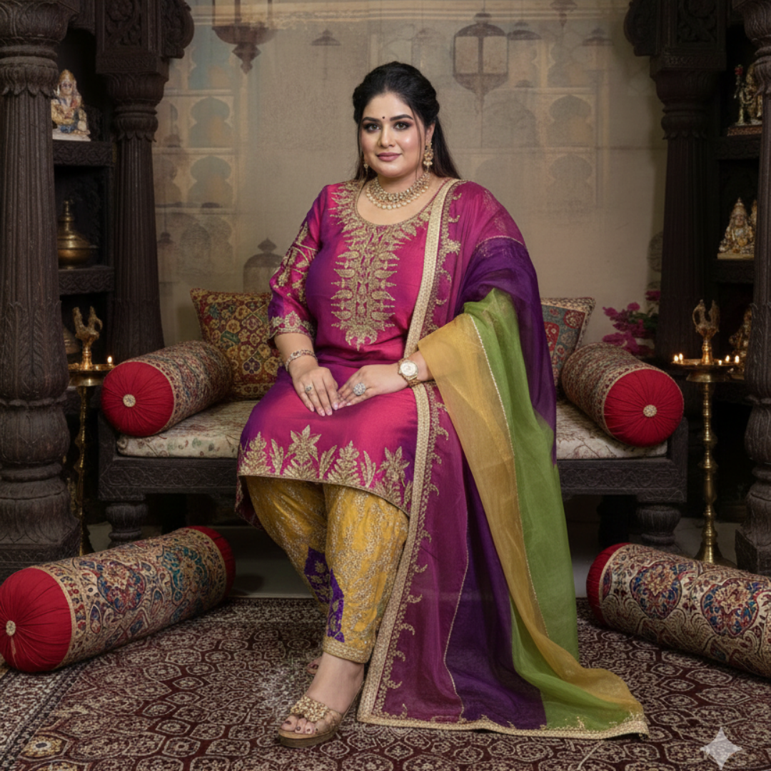 Pure Silk & Semi Silk Zardozi Handwork Suit with Organza Dupatta