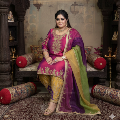 Pure Silk & Semi Silk Zardozi Handwork Suit with Organza Dupatta