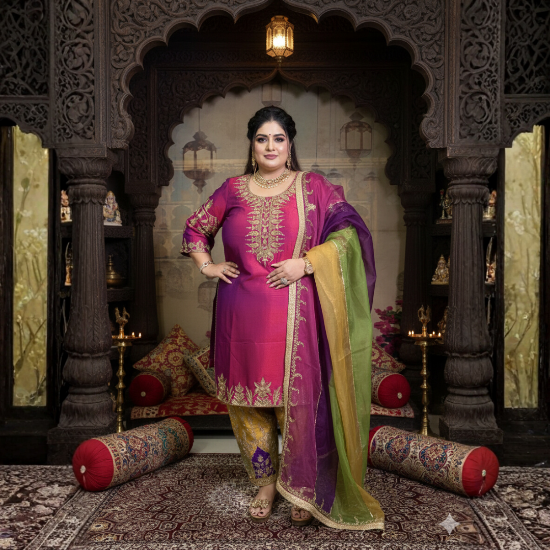 Pure Silk & Semi Silk Zardozi Handwork Suit with Organza Dupatta