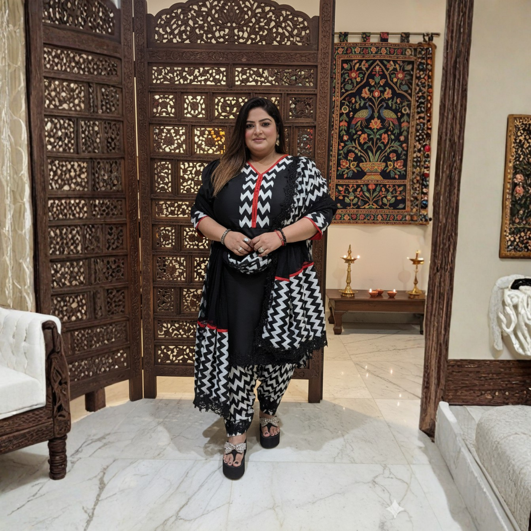 Casual Black Cotton Crepe Suit with Lace | Comfortable Wear | S–10XL