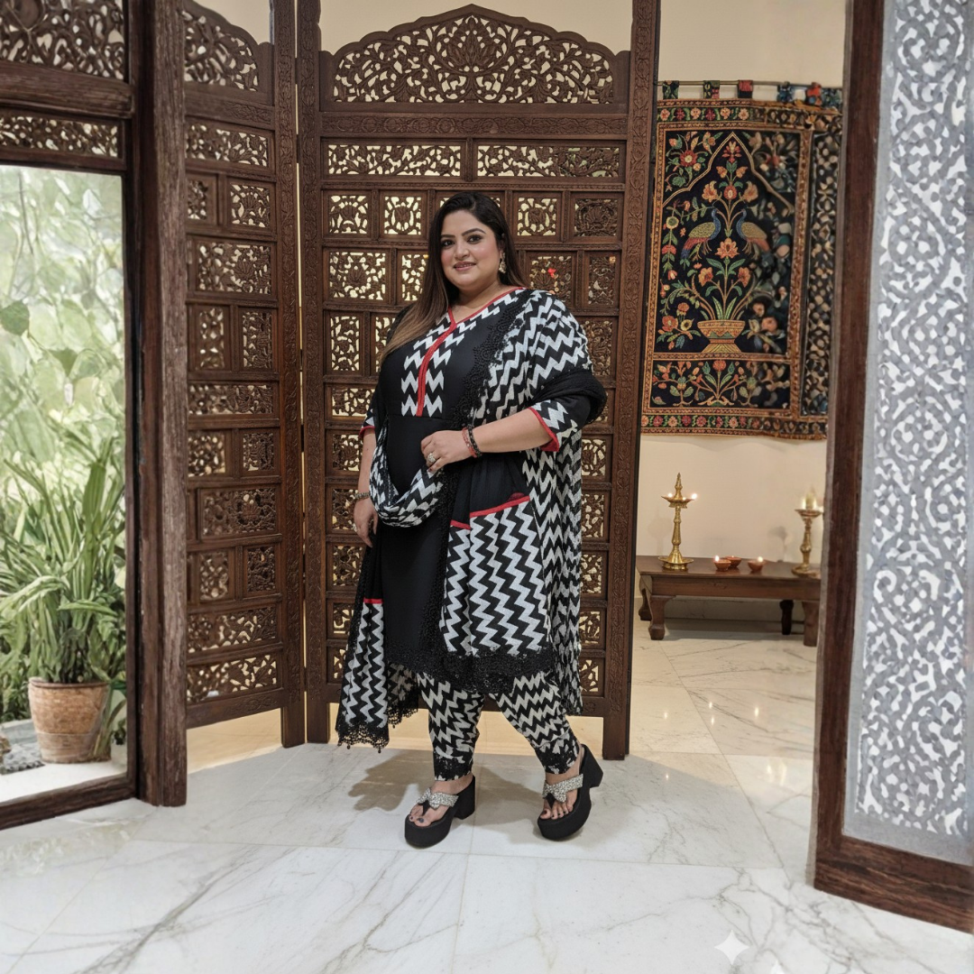 Casual Black Cotton Crepe Suit with Lace | Comfortable Wear | S–10XL