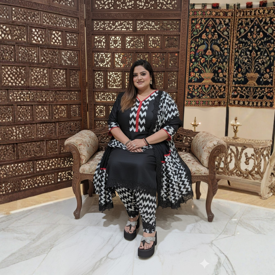 Casual Black Cotton Crepe Suit with Lace | Comfortable Wear | S–10XL