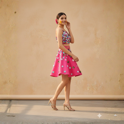 Handmade Pink 3D Flower Silk Dress – Best for Haldi | Sizes S–10XL