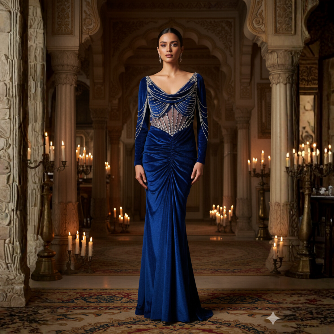 Blue Velvet Corset Drape Gown with Original Stone Work – Sizes S–10XL
