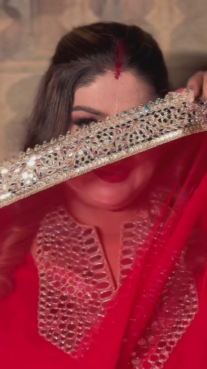 Red Shiny Georgette A-Line Suit with Handwork & Pakistani Salwar | S–10XL