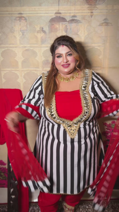 Black & Red Shiny Georgette Suit with Mirror Lace | 7-Day Making Time