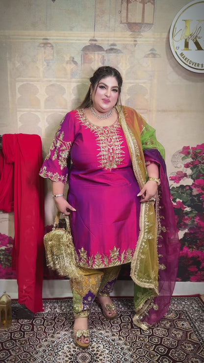 Pure Silk & Semi Silk Zardozi Handwork Suit with Organza Dupatta